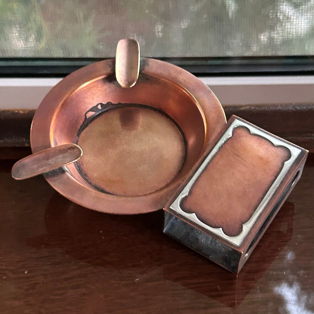 Vintage SilverCrest Bronze & Sterling Overlay Ashtray + Matchbox Holder